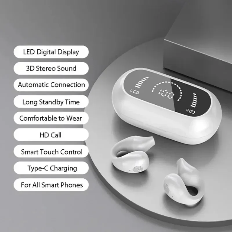 Sunfler TWS Wireless Headphones Bt 5.2 Bone Conduction Earphones Earclip Design Touch Control LED In Ear Earbuds Sports Headsets